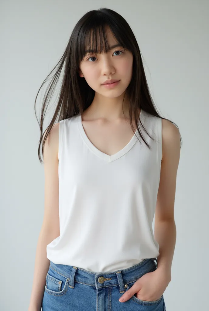 hidden hair, High Resolution, long hair, chest, turns her gaze,  Hair, hair that flutters in the wind, hair over ears, chest,   licks your lips, fuzzy expression, simple background, Photograph the whole body、I'm wearing a sleeveless small-sized v-neck t-sh...