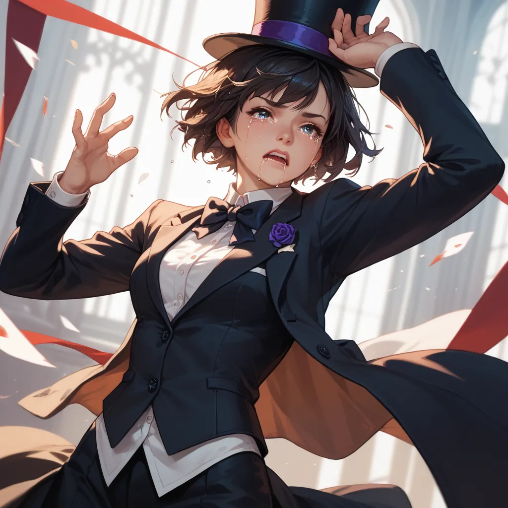 Dynamic angle. Dynamic pose. Girl crying. Short hair. Top hat. Suit. Furina.