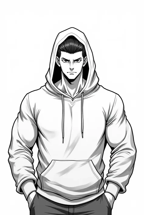 Muscle man wear hoody and his eyes bright, manga, no colors, simple