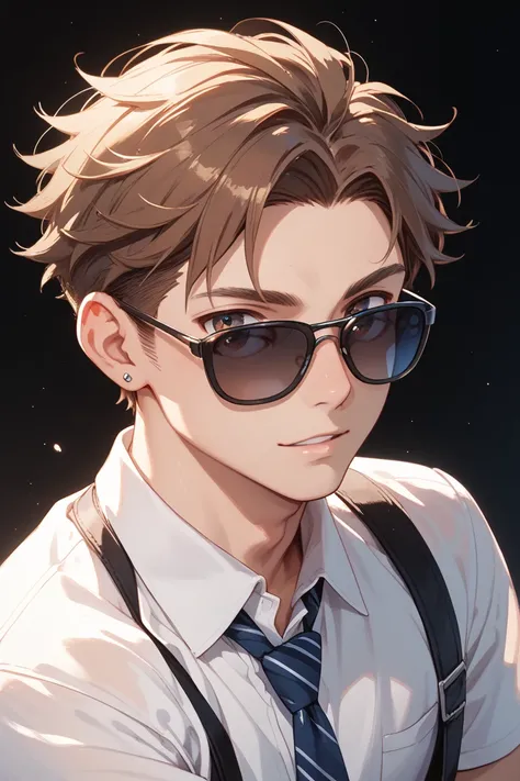 A college boy with black sunglasses and a brown hair parting suit