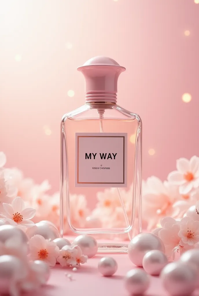 Generate a perfume label in pale pink shades with pearls on it. The name of the perfume is “My Way”