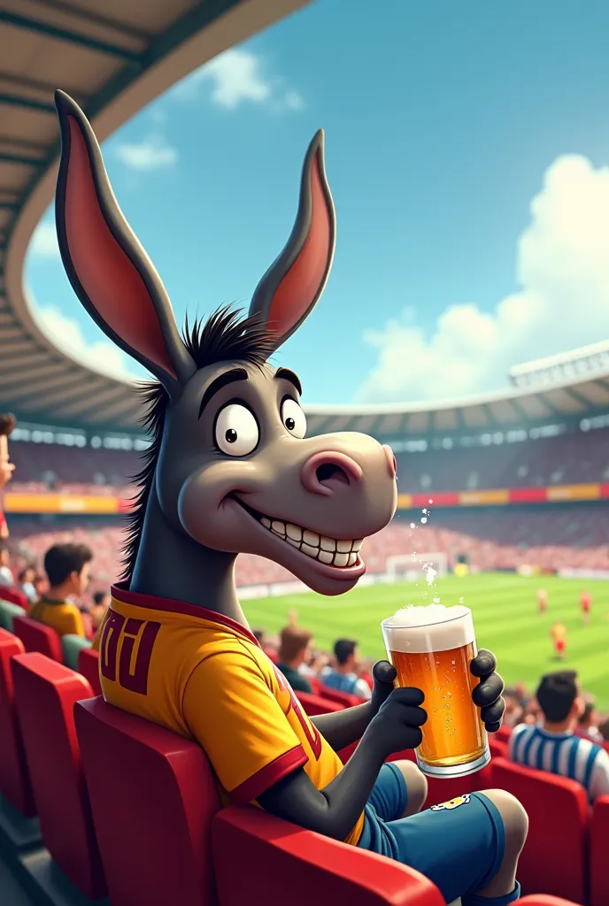 Toon donkey drinking beer in stadium watching football