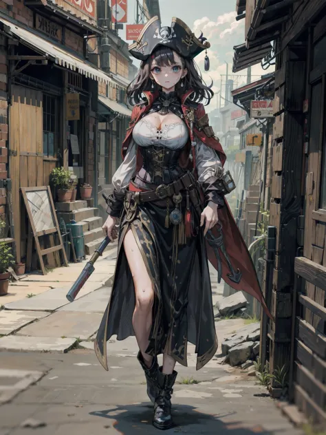 ideal ratio body proportions, perfect anatomy, correct body, earring, large breasts, narrow waist, short hair, black hair, wavy hair, hair behind ear, half updo, sweat, adult body, outdoor, Practical pirate clothing, Long-sleeved pirate top, Skirt, pirate ...