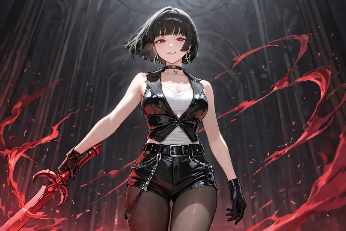 2 woman, 1 woman, adult woman, mature female, mature face, medium breasts, long straight black hair with bangs (hime cut), black denim micro shorts with a black belt and chains, sleeveless white top, almost transparent black tights, black choker, short bla...