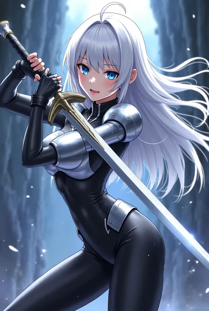 Anime girl with white hair and blue eyes wearing light silver armor and full black clothes on the body that is tight under the armor and carrying a light sword with a sharp tip and two blades 