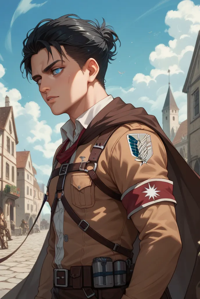 Light-skinned boy with wavy black hair and heterochromic eyes , with cape and harness, Attack on Titan map 