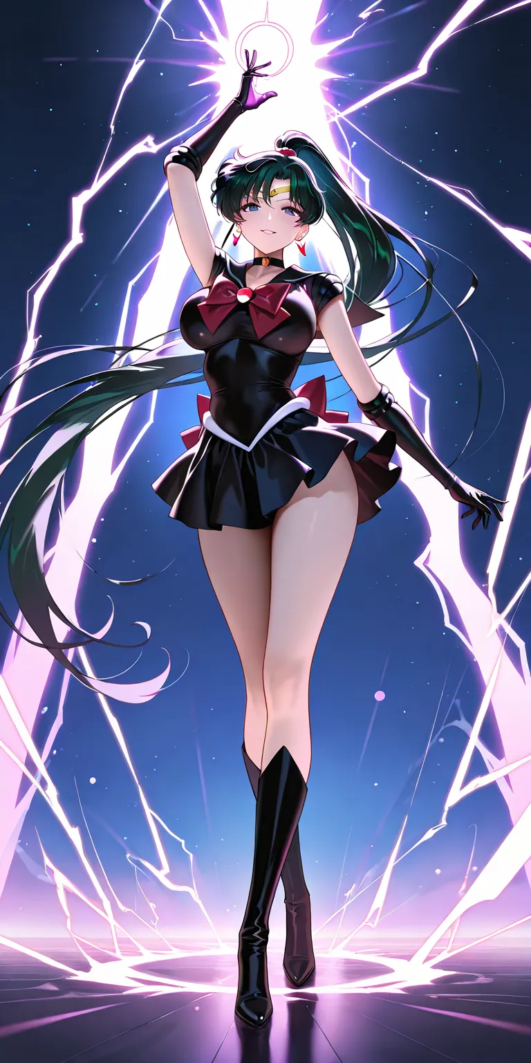 Masterpiece, elegant mature woman, evils sailor pluto\(sailor pluto\), high ponytail long hair, tall body, big breast, sailor senshi uniform (black shirt, black gauntlets, black skirt, black high boots), full body, parted lips, smile, deep forest (lightnin...