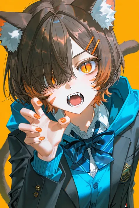 masterpiece,best quality,amazing quality,very aesthetic,absurdres,newest, (artist:quasarcake:0.3), 1girl,solo,animal ears,bow,teeth,jacket,tail,open mouth,brown hair,orange background,bowtie,orange nails,simple background,cat ears,orange eyes,blue bow,anim...