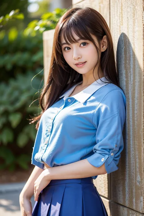 Japanese model in blue shirt and skirt posing for a photo,  y2k style, Araf girl in a blue shirt and skirt posing for a picture, Blue clothes, wearing a school uniform, looks at the camera、 beautiful eyes in every detail 、 cute smile、 Gentle and gentle exp...