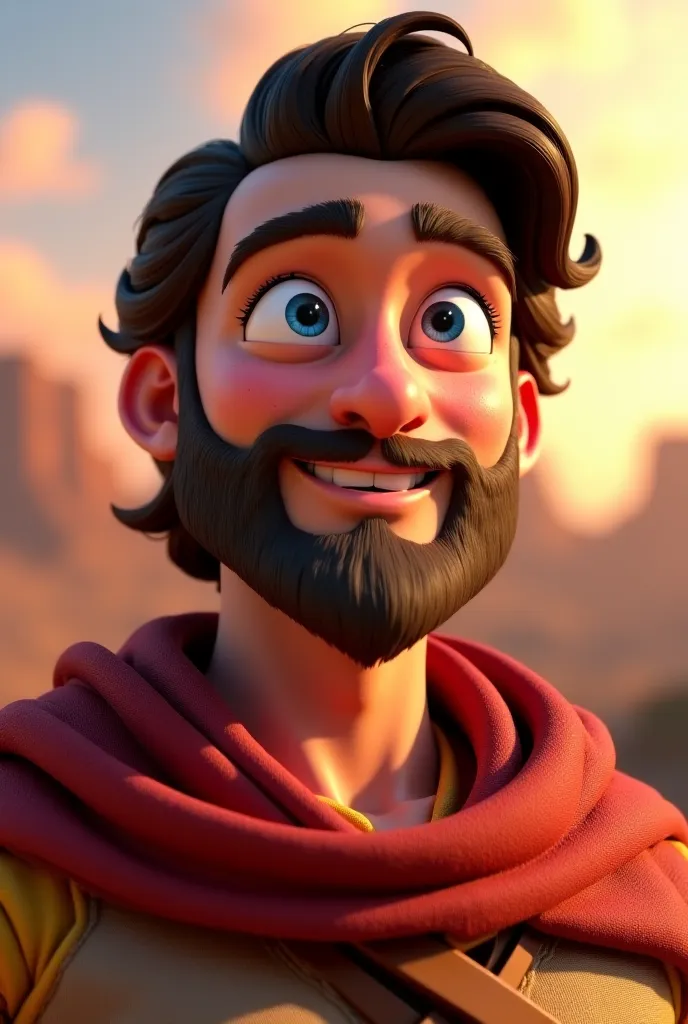 "A heroic looking man in 3D Disney style, with bright blue eyes and expressive, well-groomed beard and long wavy hair. He wears a tunic in neutral tones and a reddish robe, with fabrics that appear soft and slightly worn. His face conveys determination and...