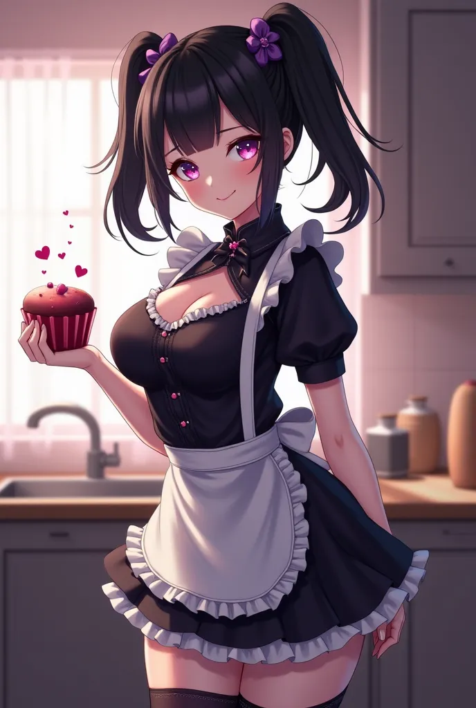 high quality, 8K ultra HD, A beautiful black-haired woman tied in two pigtails,  big bust, big hips , gothic, pastel purple eyes , vestida con ropaje de maid gothic cute,full body foot skirt,  cooking,  Semi-realistic anime