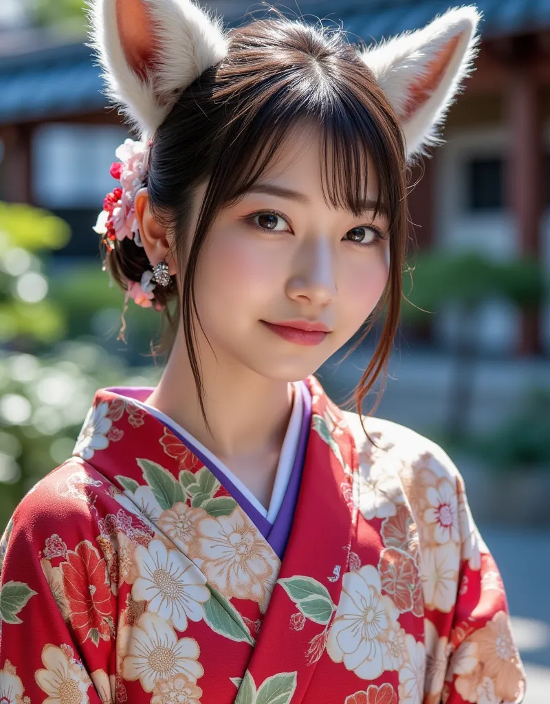 ((( top quality )))、((( Greatest Masterpiece )))、 beautiful painting with fox ears 、 8k、  The ultimate beauty:20 years old、( Beautiful Patterned and Colored Yukata )、The best texture、 photorealistic、natural light、full body 、  natural shading、Outdoor lighti...