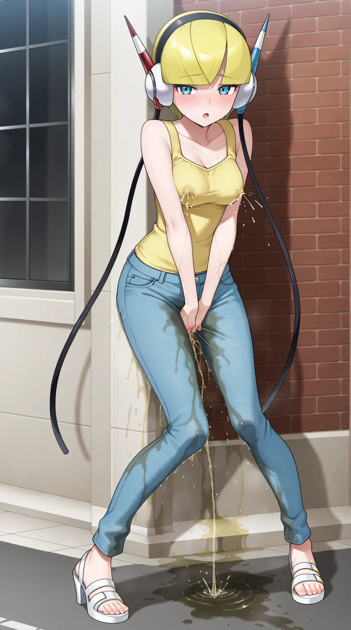 masterpiece, best quality, amazing quality, 1girl, youthful female, elesa from pokemon, blond hair, skinny body, round ass, (wetting herself:1.5), (desperation), (peeing), large wet pee stain, pee stain visible on her pants, (blue denim skinny pants), casu...