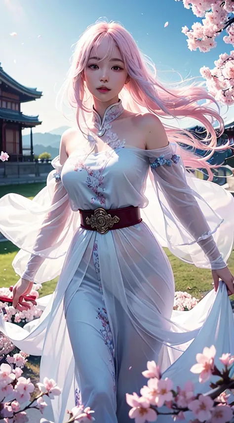  super realistic, Elaborate, High resolution 16K images,  The ghost or guardian spirit of a beautiful woman .  She has light pink hair and translucent skin ,  belt showing with one hand open。.   This image、captures the graceful beauty and mystery of the sp...