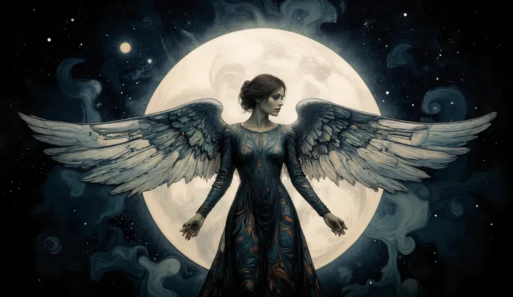 An illustration of an eclipse with a full-bodied angel casting a shadow over the moon, the angel's wings stretching out in a majestic arc, the celestial scene inspired by John William Waterhouse, dark moody tones with soft whites and silvers, no visible fa...