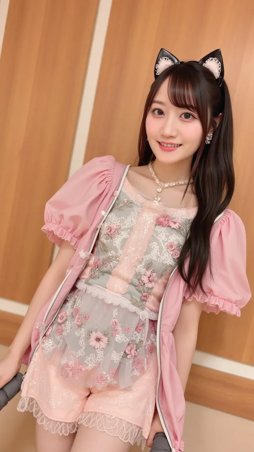 "A young Japanese female idol with cat ears, wearing a stylish and colorful idol outfit, standing and smiling brightly at the camera. She has a cheerful and energetic expression, with large sparkling eyes and a cute pose. The background is a softly lit sta...