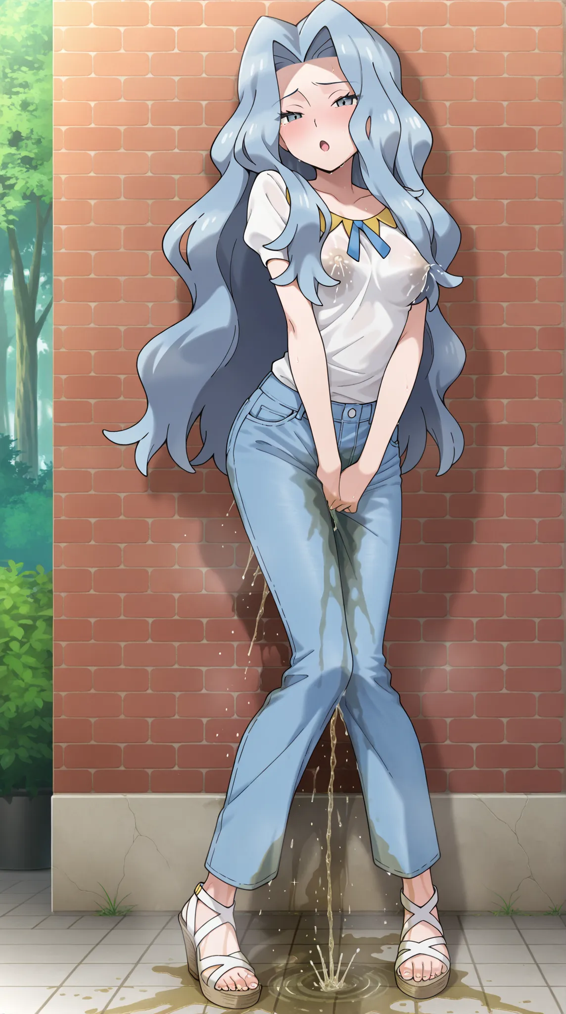 masterpiece, best quality, amazing quality, 1girl, youthful female, karen from pokemon, skinny body, round ass, (wetting herself:1.5), (desperation), (peeing), large wet pee stain, pee stain visible on her pants, (blue denim skinny pants), casual outfit, f...