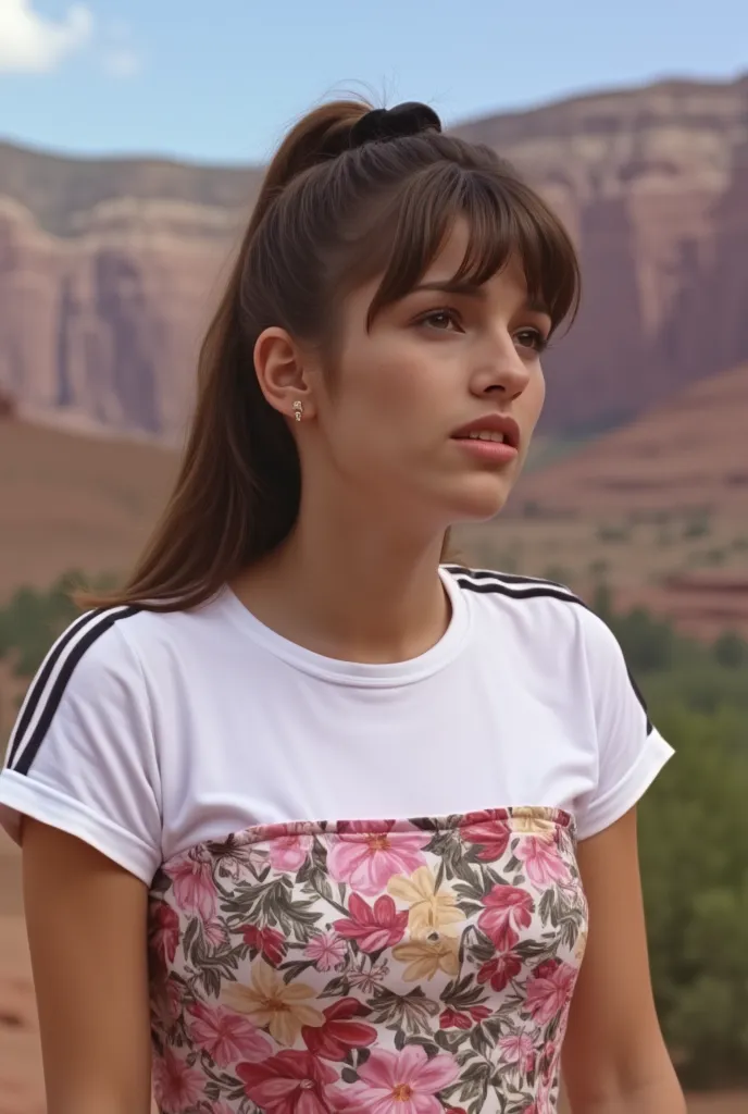 A highly detailed bodyshot of a woman around 30 years old, with ponytail hair with bangs. She is wearing a strapless floral dress and a white adidas t-shirt with black stripes underneath. Her body and face expression are worried and hurt. Ultra fit body. T...