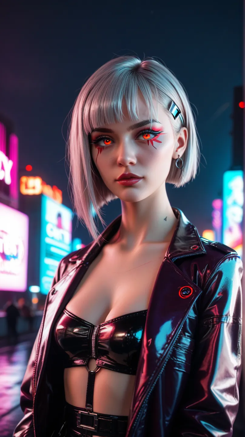 A mysterious and seductive cyberpunk femme fatale in a dark synthwave setting. She wears a deep-cut latex trench coat with glowing red lines, partially revealing a cybernetically enhanced body. Her silver hair cascades over a robotic shoulder and her glowi...