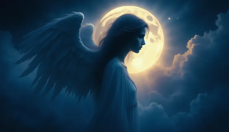 A digital illustration of a full eclipse where an angel, with glowing wings, envelops the moon in shadow, resembling the style of Hayao Miyazaki, the moon faintly visible through the angel's silhouette, soft blues and purples, the angel's face serene and c...