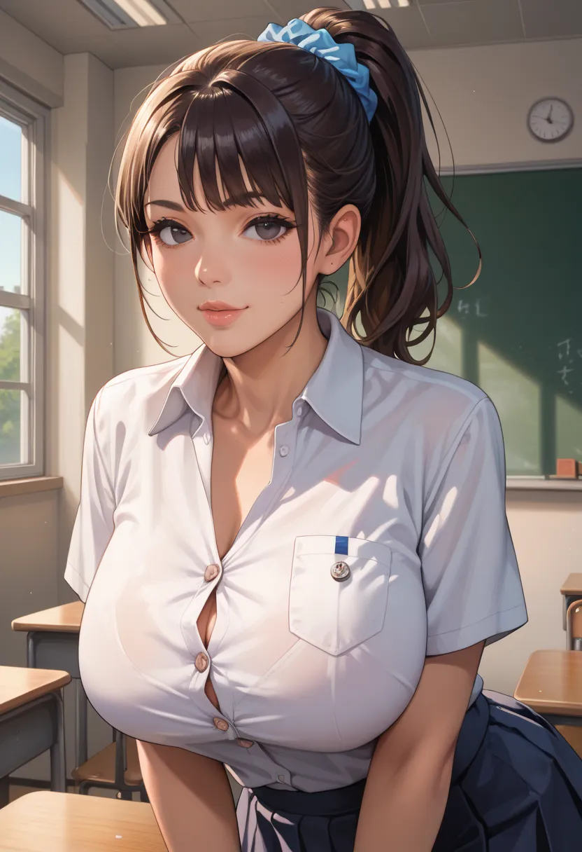 anime-like, leaning forward, v arms, huge breasts, Japanese young girl, black eyes, ponytail, high school student, school uniform, (closing the all buttons on the shirt:1.2), blue scrunchie, in the classroom, areola protruding areola dented areola, portrai...