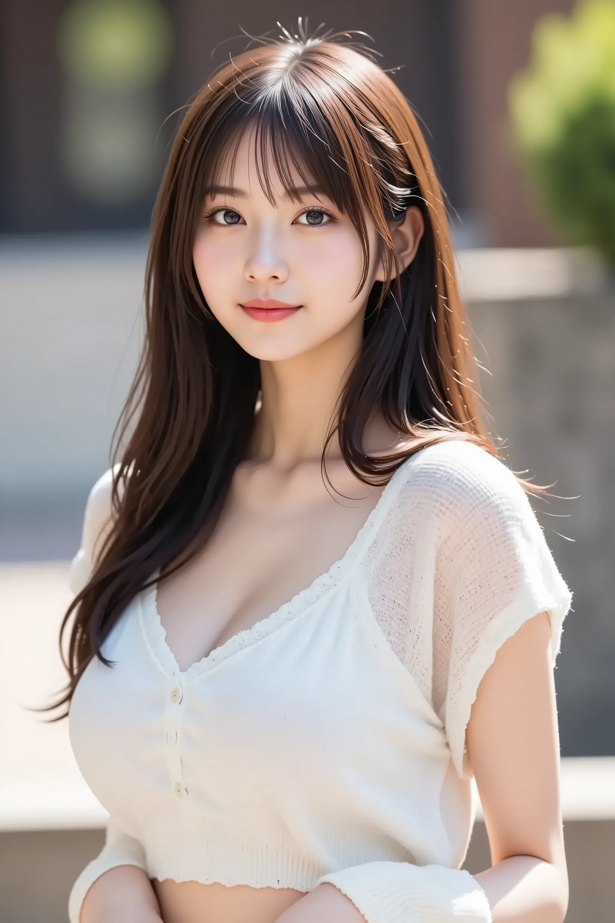 The face is positioned exactly in the center of the image , 's entire head is fully reflected , The entire face and head are clearly visible, bungs, smile, Young and cute Japanese faces , Hi-Res CG Unity 8K Wallpaper, in white for summer very detailed, Fil...