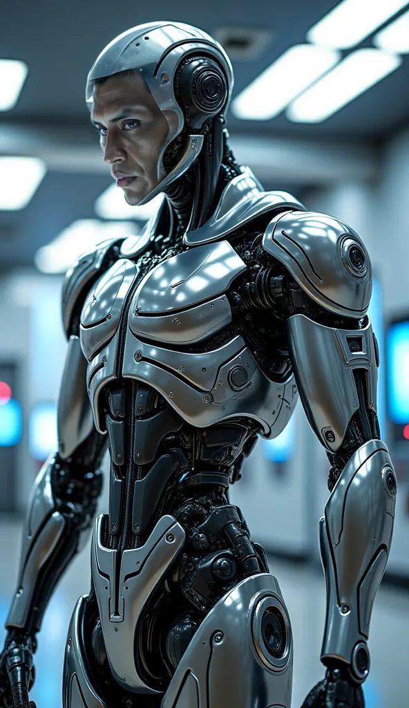 "A futuristic android with a muscular and detailed body, designed with a combination of polished metal and synthetic fiber of last generation.  Its structure is imposing , with robust arms and legs, full of high-precision mechanical joints. Its metallic sk...