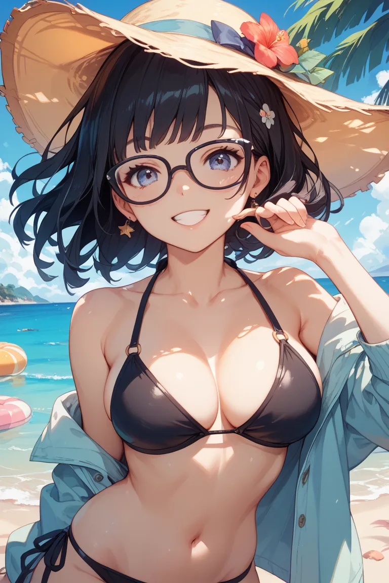 Health teacher。Normal breast size。long black hair。wears glasses。is smiling。I'm wearing a black bikini top and bottom。Being at the beach。