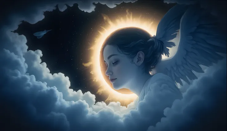 A digital illustration of a full eclipse where an angel, with glowing wings, envelops the moon in shadow, resembling the style of Hayao Miyazaki, the moon faintly visible through the angel's silhouette, soft blues and purples, the angel's face serene and c...