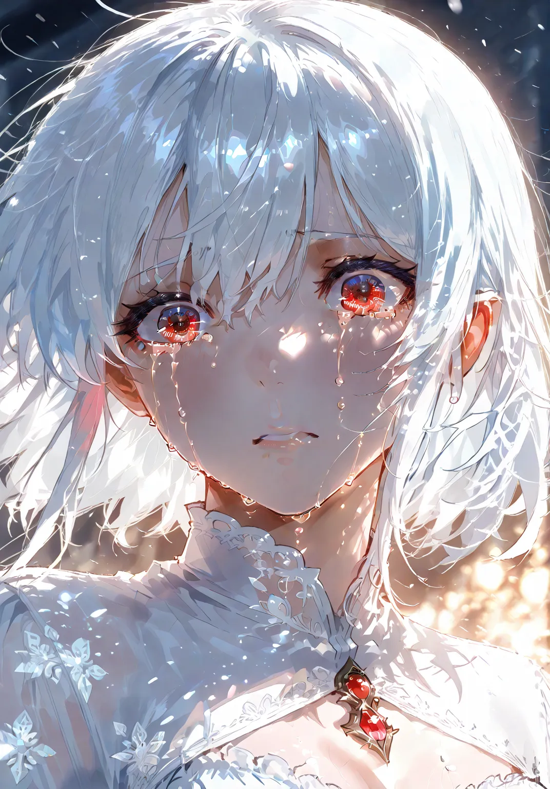 A girl with white hair and red eyes. It is raining in the street. White clothes are crying