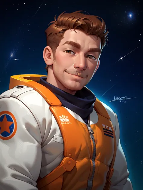 man, 25 years,  brown hair, brown eyes, white skin, Slight smile. He's a space cadet., he wears a space uniform in red and white on the top of his clothes, But at the bottom he's naked,  showing his large and thick penis . He's in a galaxy setting.