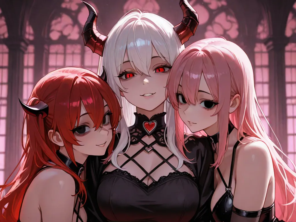 3 female demon, Short pink hair and black eyes Yandere demon, Demon with long red hair and red eyes, Demon cold with long white hair and red and black eyes, 3 harem, masterpiece,best quality,highly detailed,high quality,high resolution,8K,anime,