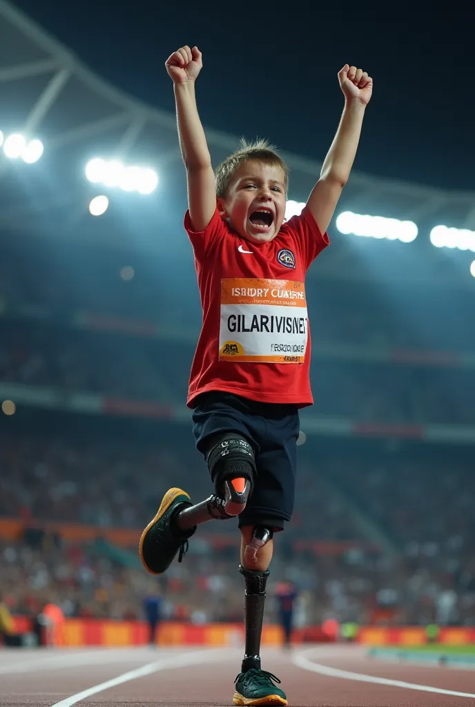 A young Paralympic athlete with a prosthetic leg, raising his arms in victory, with an expression of excitement and tears in his eyes. The background is a stadium illuminated with bright lights and a cheering crowd.