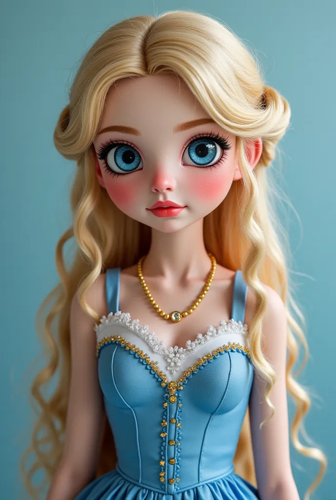 A super beautiful girl with blue eyes like the sea, long eyelashes, cherry lips, pink cheeks, fair skin and long blonde hair that shines in Zaqai style. We wear a short blue dress decorated like the dresses of the Victorian era 