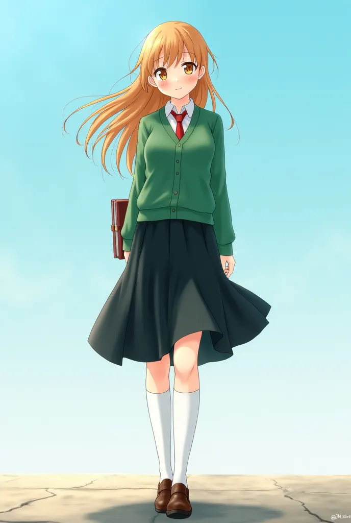 . An anime picture of a girl with golden brown hair and wearing school clothes and a green sweater. and a plain red tie. and a long black skirt. , long white socks. book, dark brown shoes. She has a. and walking on the pavement in the open air. with the wi...