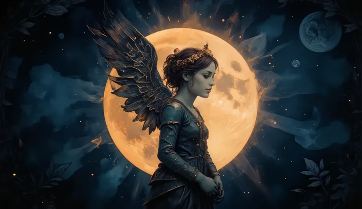 A Pixar 3D rendering of an eclipse, with an angel’s silhouette overlapping the moon, giving it a whimsical yet mysterious feel, inspired by Pixar's style, bright, vivid colors of blues and oranges, the angel’s face calm but thoughtful, high-key lighting w...