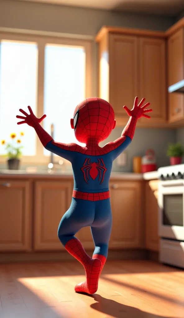 The  Spider-Man on his back is in the kitchen of his house, with back to the spectator, He is wearing his full Spider-Man costume, but in a relaxed and fun way, like a  having fun.

The kitchen in the background has all the typical elements, as cabinets, t...