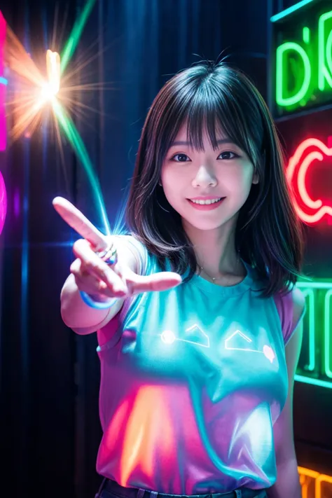  a confident woman has a proud expression 、I'm pointing at a floating 3D hologram。in colorful neon colors「 happy」 are written 。The background is digital and highly technical,、showing off the latest technology。