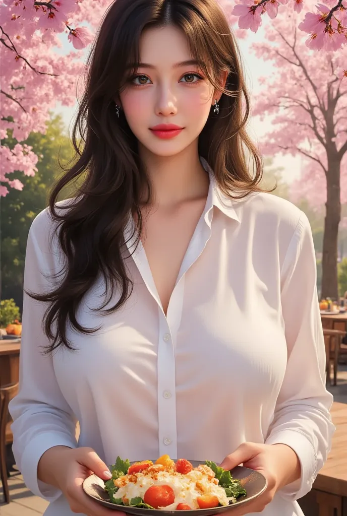 masterpiece, best quality, photorealistic, 1girl, stunning innocent symmetry face, white shirt, emotional, big breasts, (PureErosFace_V1:0.7),An open-air restaurant under the cherry blossoms, her enjoying her food, very nice weather, cherry blossom leaves ...