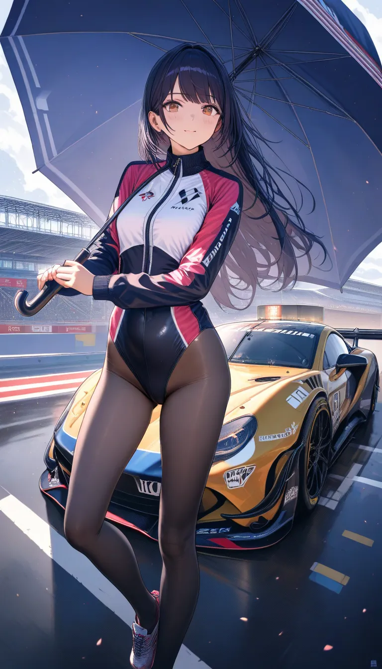 one women, pantyhose, racing leotard, sport jacket, holding an umbrella, racing car, highly detailed, HD, 4K, Masterpiece, highres