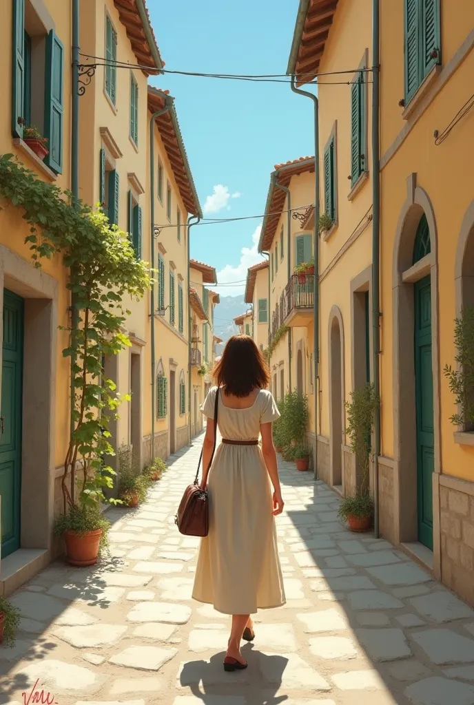 Diary cover with the figure of a woman, medium straight hair , brown color, short sleeve long dress dress, dress bag, walking backwards down a narrow street in France, without cars or people in the background