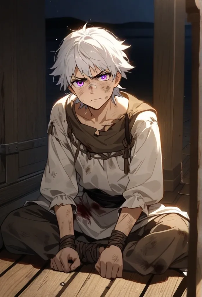 Greek Peasant Boy, wearing peasant clothes, dirty and worn clothes, white hair, Violet Eyes, serious expression, Arrested as a slave, sitting on the floor, The wooden floor of a ship is dirty and wet, with dry blood on the nose,  at night, low lighting, ae...