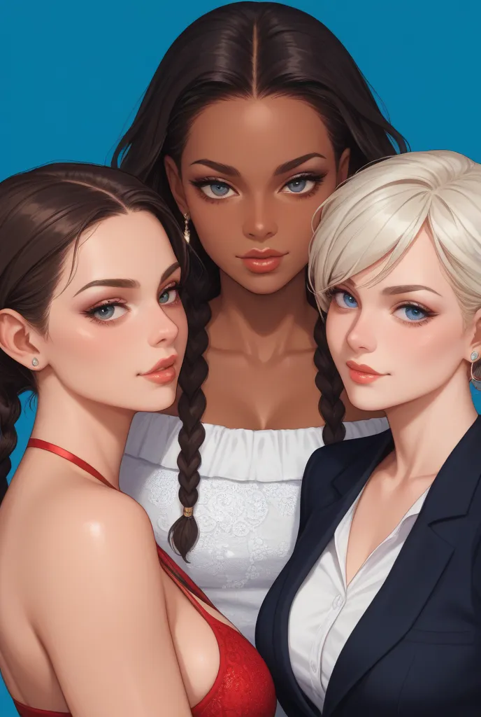 
“A high-fashion beauty campaign featuring three stunning dark-skinned women with smooth, radiant skin. They are posing gracefully against a minimalistic pastel blue background, showcasing luxury skincare products. One woman in the center has two symmetric...