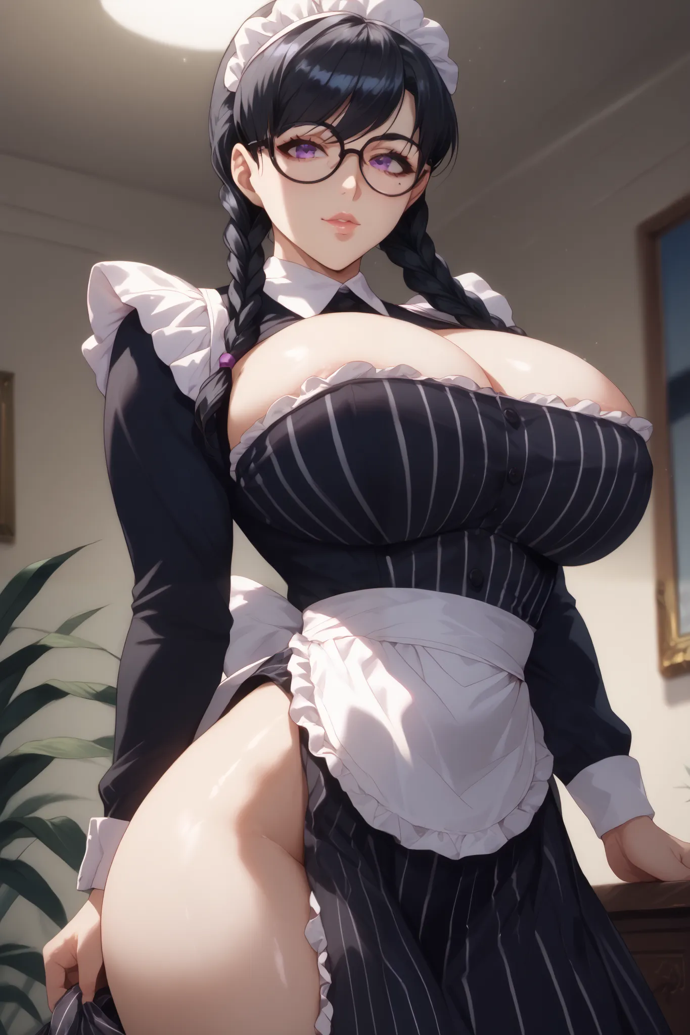 ren takahara, purple eyes, black hair, twin braids, mole, black-framed eyewear, maid headdress, maid, black dress, black shirt, striped dress, vertical-striped dress, frilled skirt, underbust , big ass , big tits , bikini , female undressing 