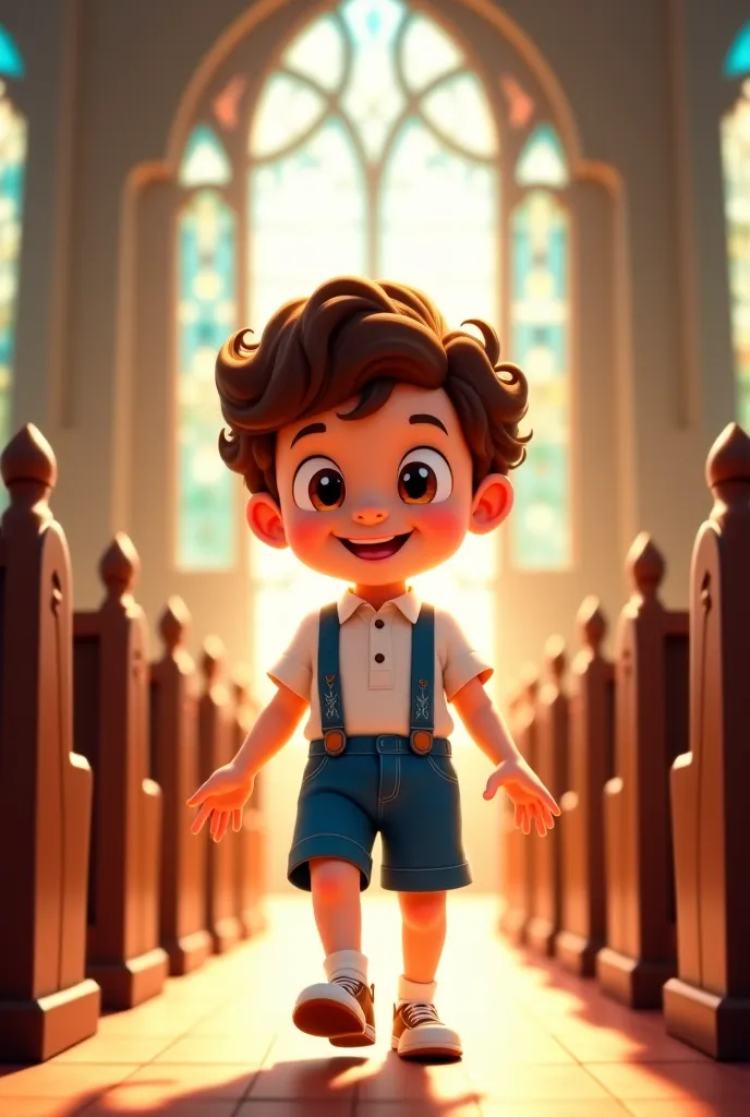 MALE cartoon boy boy pajem with curly hair in white blouse and shorts and blue suspenders Serenity , Entering the Church 