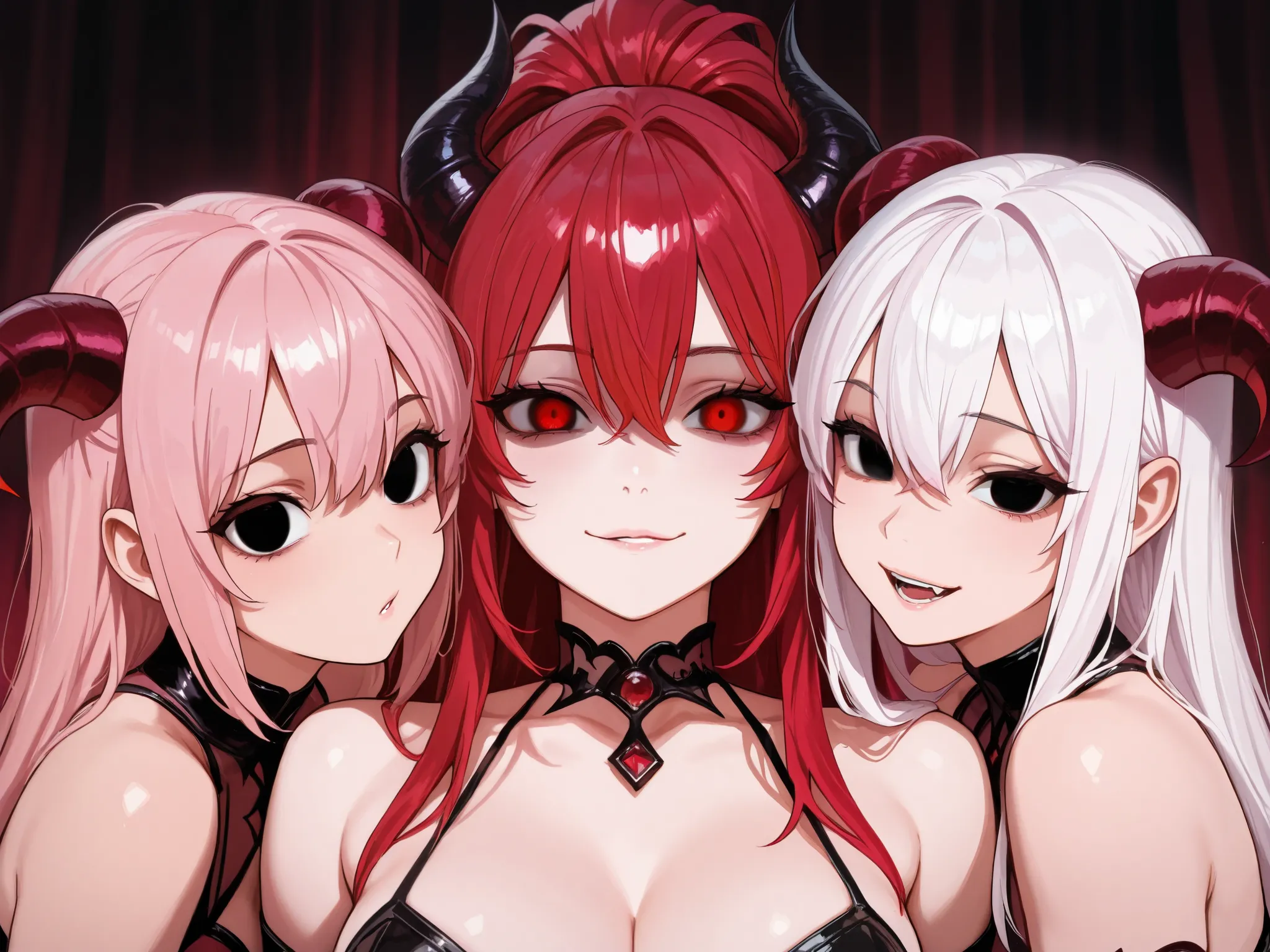 3 female demon, Short pink hair and black eyes Yandere demon, Queen demon with long red hair and red eyes, demon cold with long white hair and red and black eyes, 3 harem, masterpiece,best quality,highly detailed,high quality,high resolution,8K,anime,