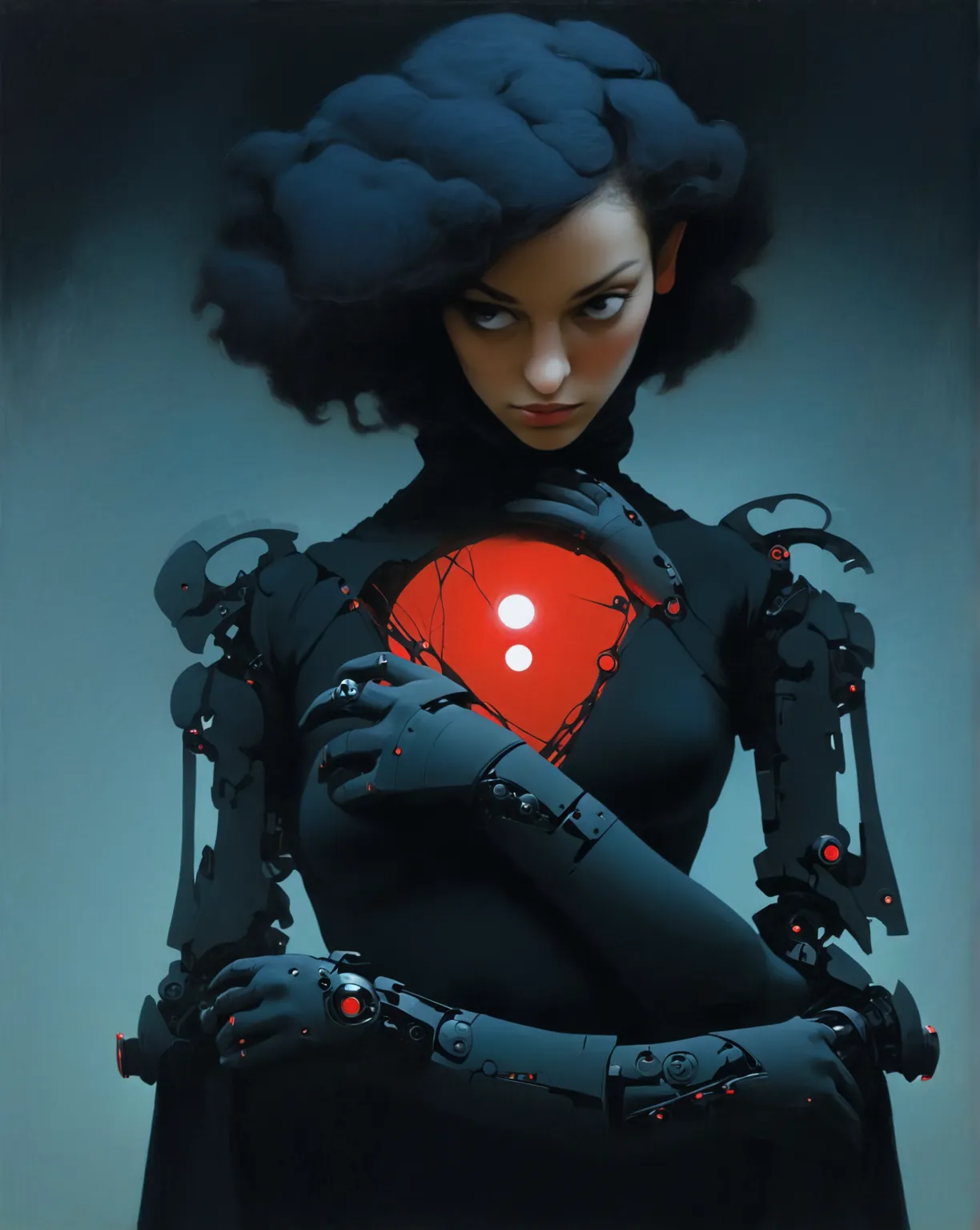 1 girl, cyborg,  
dark fantasy, red turtle neck
mechanical arms, detailed hands
  shadows, dramatic lighting, 
Tom Bagshaw Roger Dean