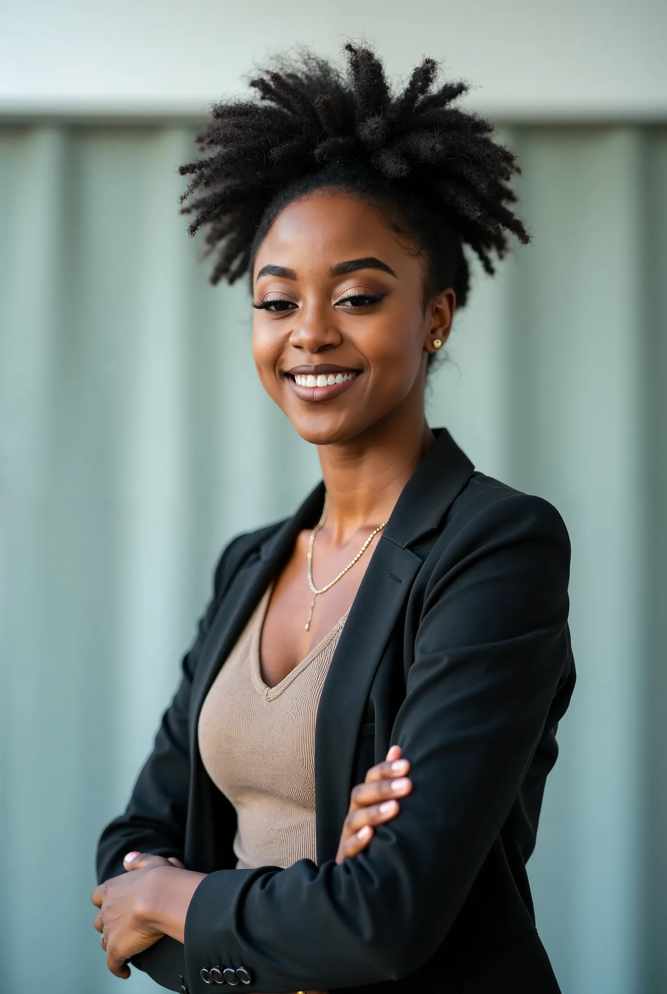 A 23-year-old Nigerian female musician and model standing confidently in front of a minimalist modern background. She has a warm, determined expression, looking directly at the camera. She wears a stylish yet professional outfit—perhaps a fitted blazer ove...