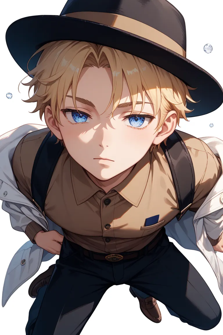 masterpiece, highest quality, only one man, anime-style, standard, fair skin, blond short hair, hair styled in a slicked-back look,brown shirt, white MA-2 jacket, black pants, brown shoes, white background, blue eyes, squinched eyes, cold eyes, half-closed...