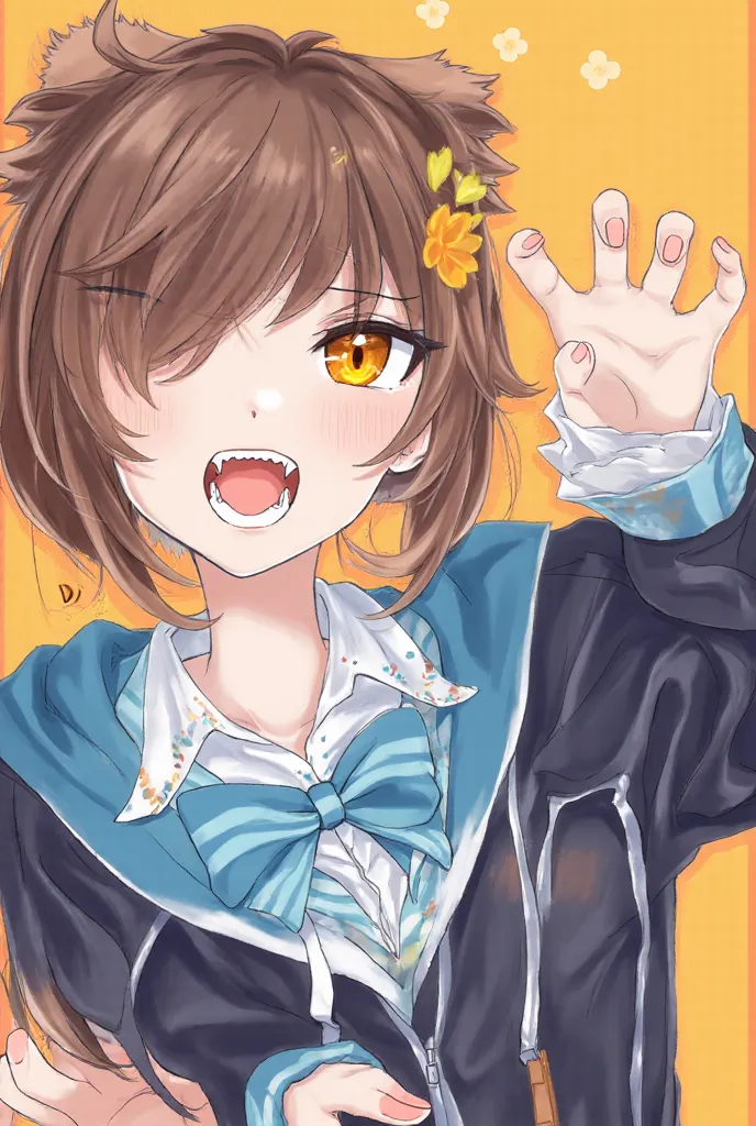 masterpiece,best quality,amazing quality,very aesthetic,absurdres,newest, 1girl,solo,animal ears,bow,teeth,jacket,tail,open mouth,brown hair,orange background,bowtie,orange nails,simple background,cat ears,orange eyes,blue bow,animal ear fluff,cat tail,loo...